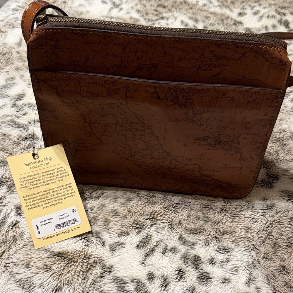 Patricia Nash Cognac Map-Embossed Leather Crossbody